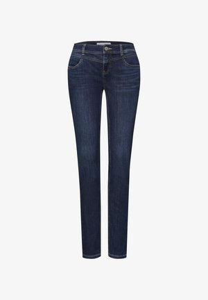 Jean slim femme bleu foncé avec boutons à l'avant, fermeture éclair et détails à cinq poches, présenté sur fond blanc.