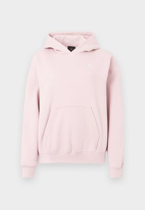 Rozā kapuce ar priekšējo kabatu, kapuces auklu, ribinātām piedurknēm un baltu Jumpman logotipu uz krūškurvja. Izgatavota no mīksta auduma.