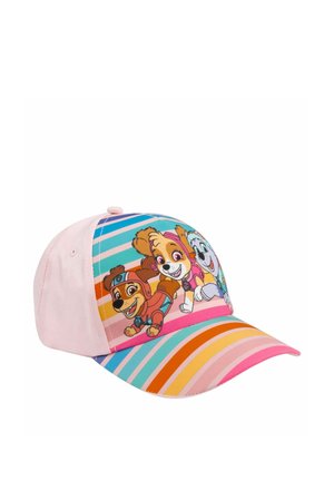 Pinkfarbene Kappe mit bunten diagonalen Streifen und drei Cartoon-Welpen mit Halsbändern und verspielten Ausdrücken auf dem vorderen Panel.