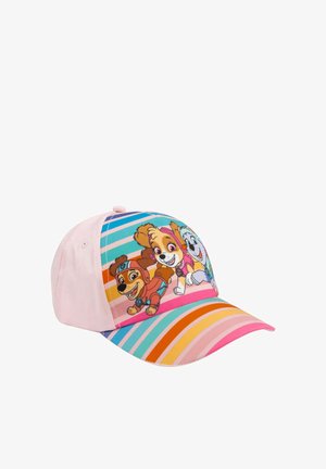Cappellino rosa con strisce diagonali colorate e tre cuccioli dei cartoni animati con collari ed espressioni giocose sul pannello frontale.