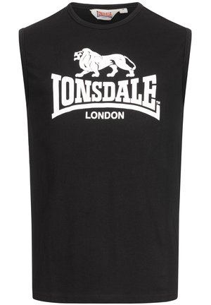Black sleeveless cotton t-shirt featuring a prominent white "LONSDALE" logo and lion graphic in the center. Smooth texture, casual design.