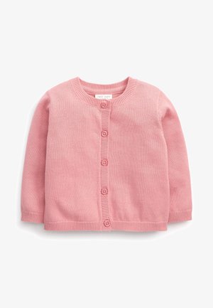 Cardigan bébé rose doux avec manches longues et cinq boutons sur le devant, en tissu tricoté avec poignets et ourlet en côte.