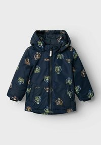 Marinblå vadderad jacka med huva, med färgglada tigeransiktsmönster, framfickor och central dragkedjestängning.