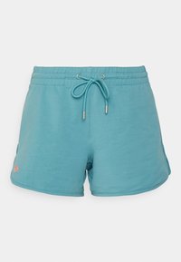 Shorts de sport bleu clair en matériau doux. Dotés d'une taille élastique avec cordon de serrage et de poches latérales. Petit logo sur le devant.