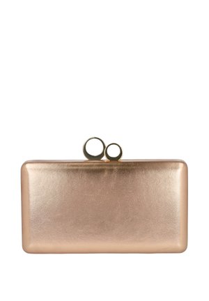 Bolso de mano rectangular metálico en tono oro rosa con bordes redondeados y un cierre decorativo de doble aro en la parte superior.