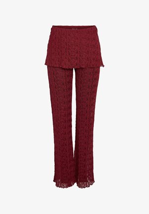 Bordeaux kanten broek met een uitlopende pootontwerp, met een gelaagde look, een gestructureerd, open breipatroon en een hoge taille.