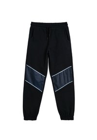 Pantalones de chándal negros con una cinturilla elástica, que cuentan con paneles diagonales brillantes en color marino y sutiles acentos en azul claro a los lados. Dos bolsillos laterales.
