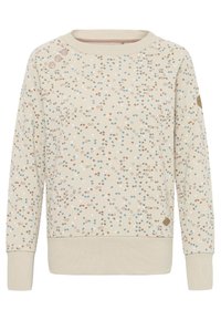 Felpa color beige chiaro con un motivo a pois multicolore in blu, marrone e bianco. Polsini e orlo ribattuti; tre bottoni decorativi sulla spalla.