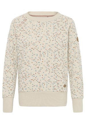 Světle béžová mikina s vícolorvým tečkovaným vzorem v modré, hnědé a bílé barvě. Žebrované manžety a lem; tři dekorační knoflíky na rameni.