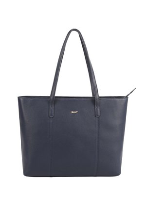 Sac fourre-tout en cuir bleu marine avec deux longues anses, un petit logo doré à l'avant et une fermeture éclair en haut.