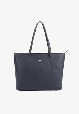 Sac fourre-tout en cuir bleu marine avec deux longues anses, un petit logo doré à l'avant et une fermeture éclair en haut.