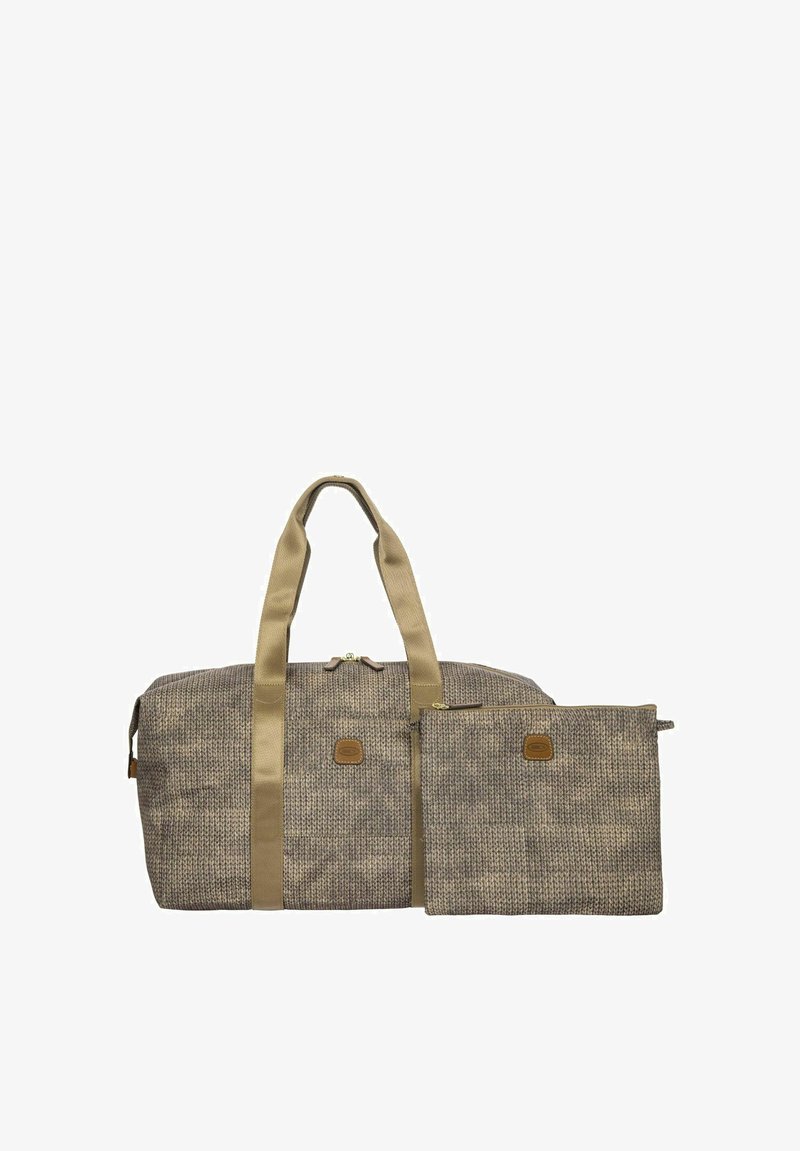 Borsa in tessuto intrecciato marrone e beige con due manici, zip dorata e una piccola pochette rimovibile. Motivo testurizzato su tutta la superficie.