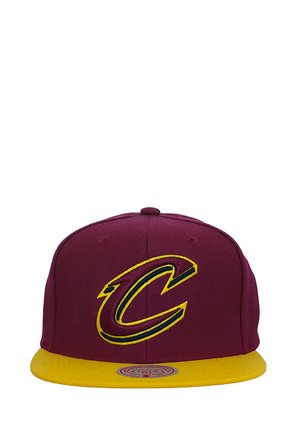 Burgundy and yellow Cleveland Cavaliers snapback cap with large embroidered "C" logo on front panel.