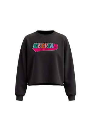Sort cropped sweatshirt med lange ærmer og farverige teksturerede bogstaver, der staver "ICE CREAM" på brystet.