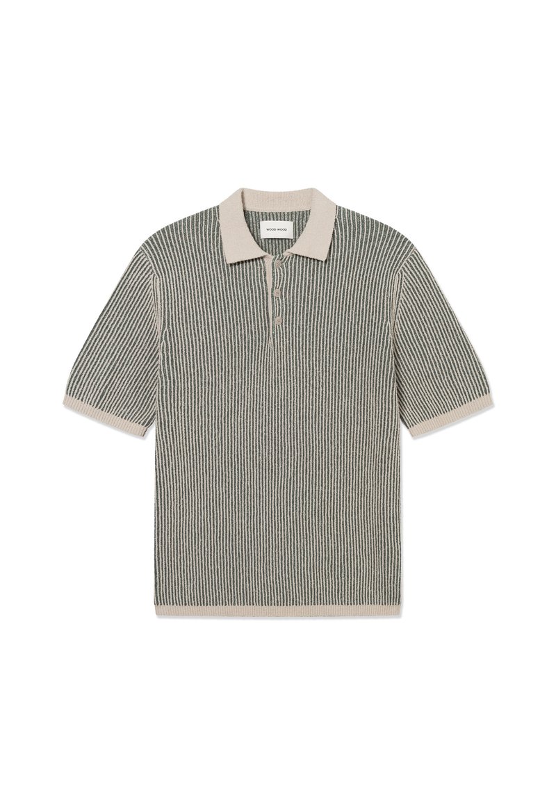 Short-sleeve polo shirt in light beige and dark green stripes. Soft texture with a button placket and contrasting collar.