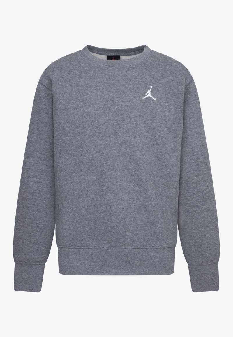 Felpa grigia a maniche lunghe con colletto rotondo, dotata di polsini e orlo a coste, caratterizzata da un piccolo logo Jumpman bianco sul lato sinistro superiore del petto.