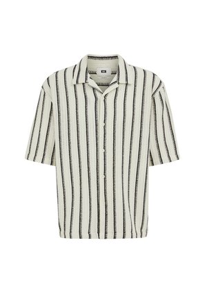 Lühikeste varrukatega nööpidega särk, valgel tekstuurilisel kangal mustade vertikaalsete triipudega ja laia kraega.