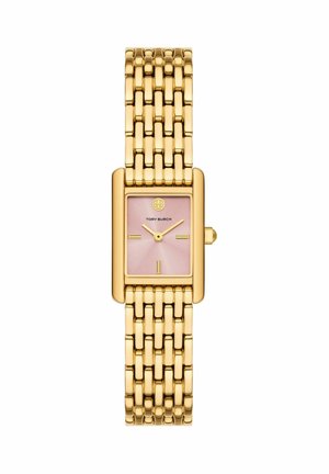 Złoty zegarek na bransolecie z prostokątną różową tarczą, złotymi indeksami godzin i logo Tory Burch na godzinie 12.
