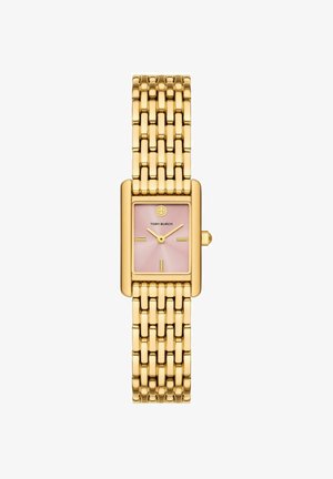 Goudkleurig schakelarmbandhorloge met rechthoekige roze wijzerplaat, gouden uurmarkeringen en Tory Burch-logo op 12 uur.