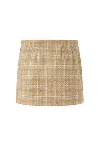 Bež karirana suknja s teksturiranim materijalom, dužine iznad koljena, nabranog dizajna i glatkim pojasom s uređenim završetkom.