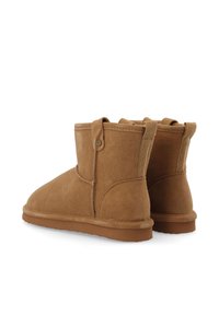 Brown suede ankle boots with a rounded toe, textured finish, and side loop for easy wear. Rubber sole with a slight elevation.
