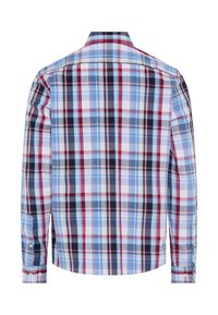 Chemise à manches longues à boutons avec un motif à carreaux bleu, rouge, noir et beige vue de dos.