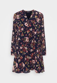 Robe fleurie avec un col en V, des manches longues et une jupe évasée. Confectionnée dans un tissu bleu marine foncé à motif floral multicolore.