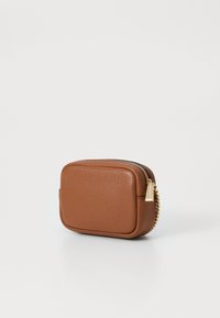 Brown leather rectangular pouch with a textured surface, gold zipper detail, and rounded edges. Compact design for small accessories.