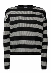 Pull à manches longues rayé noir et blanc avec col rond et motifs alternés de rayures verticales épaisses et fines.