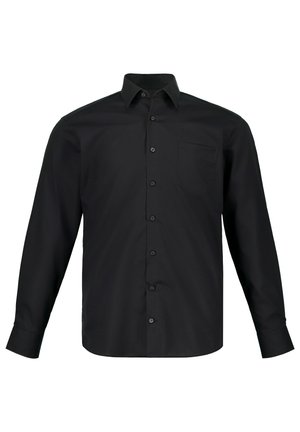 Zwarte button-up shirt met lange mouwen, gemaakt van soepele katoen, met een puntige kraag en een enkele borstzak.