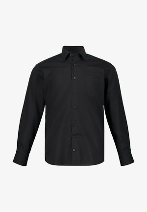 Zwarte button-up shirt met lange mouwen, gemaakt van soepele katoen, met een puntige kraag en een enkele borstzak.