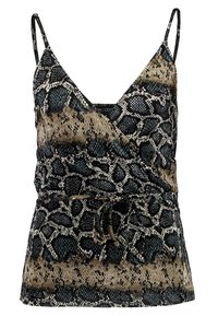 Top avvolgente in un tessuto stampato con una fantasia a serpente nero e beige, con spalline sottili e una cintura arricciata per una vestibilità regolabile.