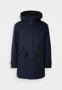 Navy blue parka with a drawstring waist, two front pockets, a zip closure, and a hood. Made from a smooth, water-resistant material.