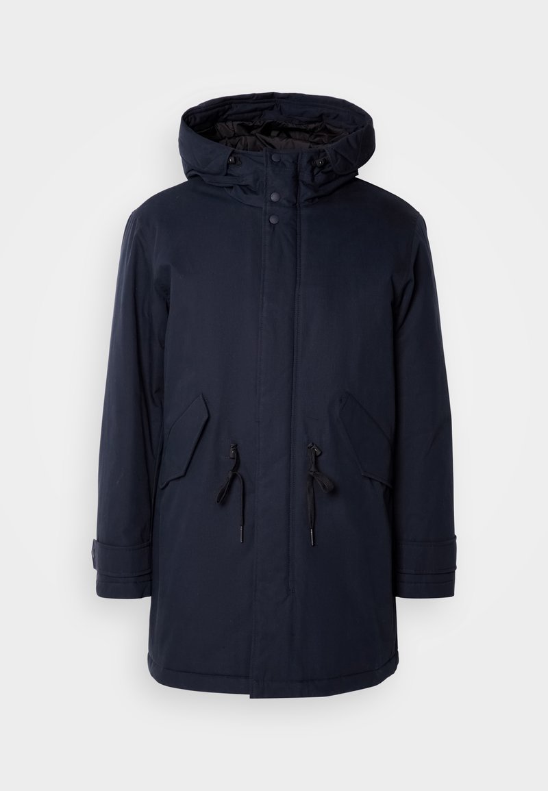 Marineblauer Parka mit Kordelzug in der Taille, zwei Vorderaschen, einem Reißverschluss und einer Kapuze. Hergestellt aus einem glatten, wasserabweisenden Material.