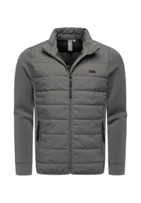 Graue gesteppte Jacke mit Reißverschluss und hohem Kragen, mit glatten Ärmeln, seitlichen Reißverschlusstaschen und einem Logo auf der Brust.