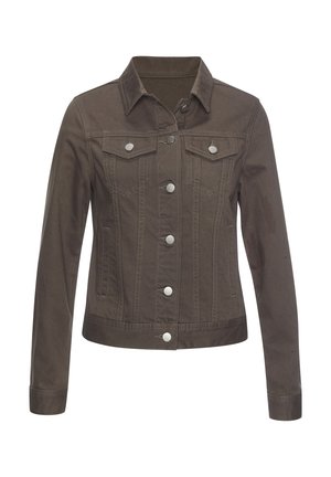 Brown long-sleeve denim jacket with collar, button front, two chest pockets with flaps, and vertical seam details.