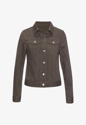 Brown long-sleeve denim jacket with collar, button front, two chest pockets with flaps, and vertical seam details.