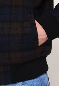 Henkilön käsi tummassa ruudullisessa takissani mustan hihnan kanssa, taustalla vaaleansinisten farkkujen kanssa.