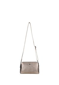 Borsa a tracolla in bronzo metallico con superficie testurizzata, dotata di chiusura con zip, tracolla regolabile e un sottile dettaglio del logo.