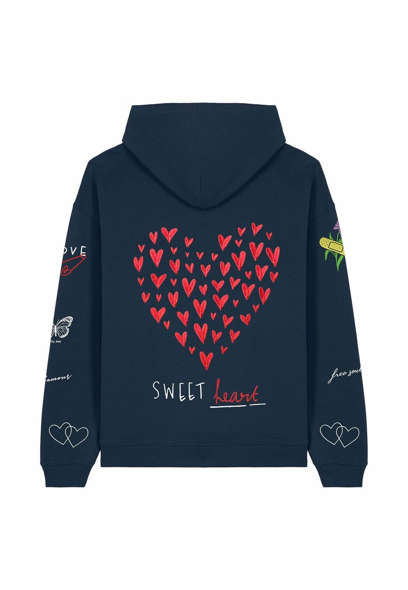 Navy blue hoodie featuring red heart patterns on the back, "SWEET heart" text, and decorative elements like butterflies and hearts on sleeves.