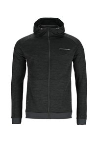 Zwarte hoodie met rits, gemaakt van textuurstof, met een hoge kraag, zijzakken en een logodetail op de borst.