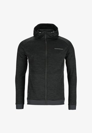 Zwarte hoodie met rits, gemaakt van textuurstof, met een hoge kraag, zijzakken en een logodetail op de borst.