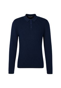 Maglione polo a maniche lunghe di maglia blu navy con tre bottoni e un sottile motivo testurizzato diagonale, taglia media.