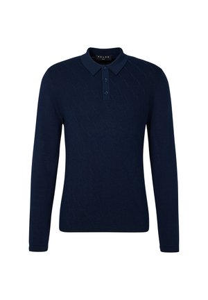 Dunkelblaues Langarm-Polo-Sweatshirt aus Strick mit drei Knöpfen und feinem diagonalen Strukturmuster, Größe M.