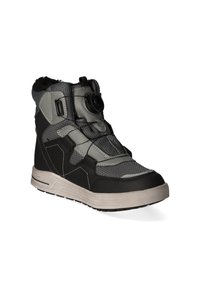Graue und schwarze High-Top Sneaker aus strukturiertem Mesh und synthetischem Material. Verfügt über ein Drehverschluss-Laufsystem und eine Gummisohle für guten Halt.