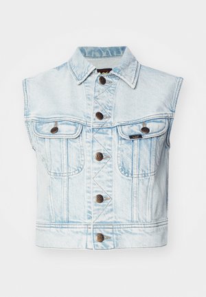 Világoskék farmer ujjatlan dzseki, galléros nyakkal, két mellzsebbel, barna gombokkal és látható varrás részletekkel.