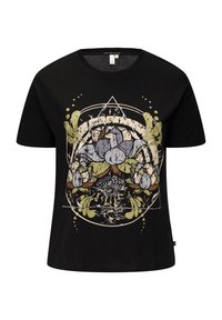 T-shirt en coton noir présentant un design graphique central d'une plante stylisée avec des fleurs grises et des feuilles vertes, le tout sur un fond texturé.