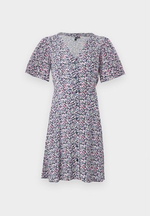 Φόρεμα με κοντά μανίκια, V-λαιμόκοψη, κουμπιά μπροστά, βασικό χρώμα navy, με μικρό ροζ, λευκό και μπλε λουλουδάτο μοτίβο, μήκος μέχρι το γόνατο.