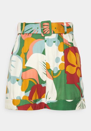 Short taille haute avec un motif floral abstrait multicolore et une ceinture en tissu assortie avec une boucle rectangulaire.