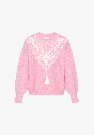 Rózsaszín kötött pulóver texturált felülettel, fehér hímzett részletekkel és bojt akcentussal a nyakrészen. Rövidített sziluett.